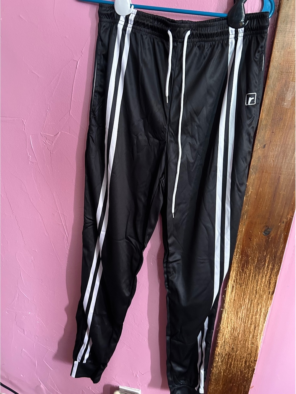 Men's Black Athletic Track Pants with White Side Stripes and Drawstring Waist